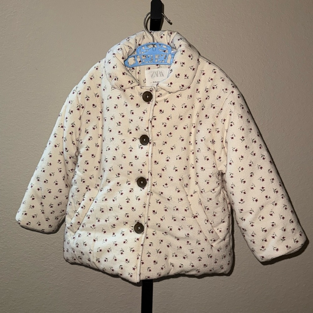 Zara Baby Cream Floral Quilted Fleece Lined Coat A-Line Silhouette Sz 3-4 Years